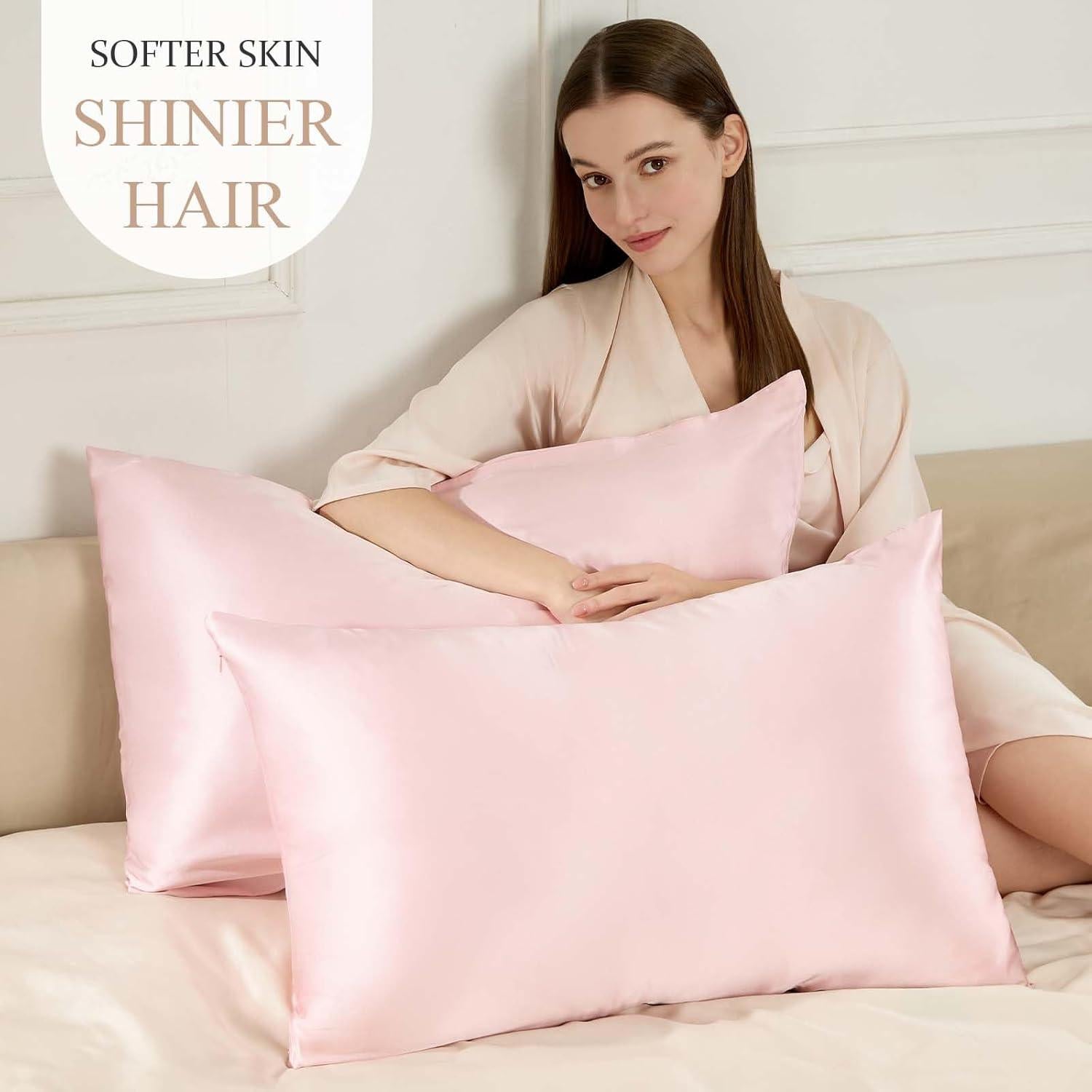 Funda de Almohada de Seda SEAGEBEL Rey 100% Morera Rosa 50.8x91.4cm