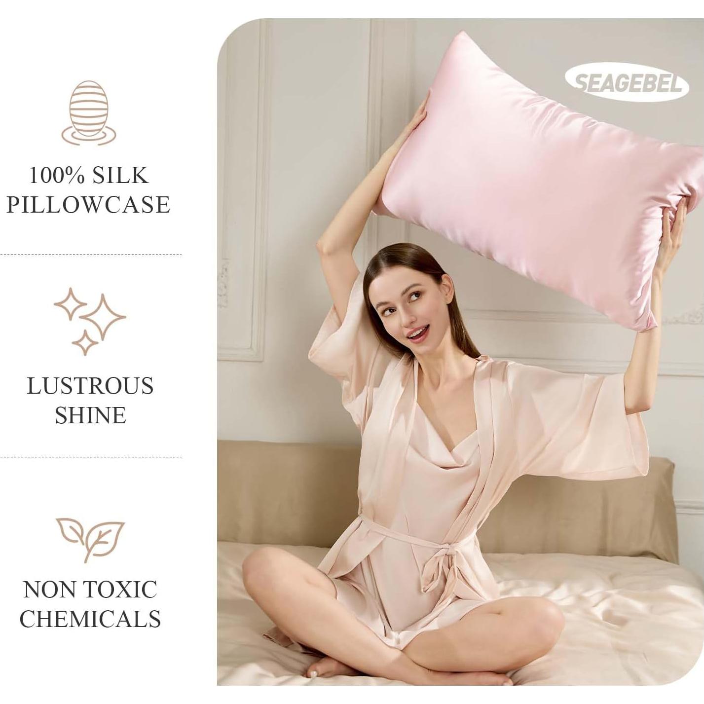 Funda de Almohada de Seda SEAGEBEL Rey 100% Morera Rosa 50.8x91.4cm