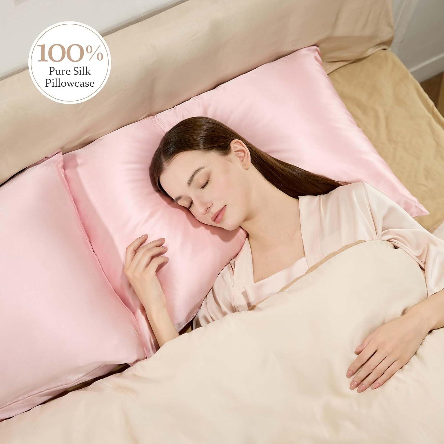 Funda de Almohada de Seda SEAGEBEL Rey 100% Morera Rosa 50.8x91.4cm