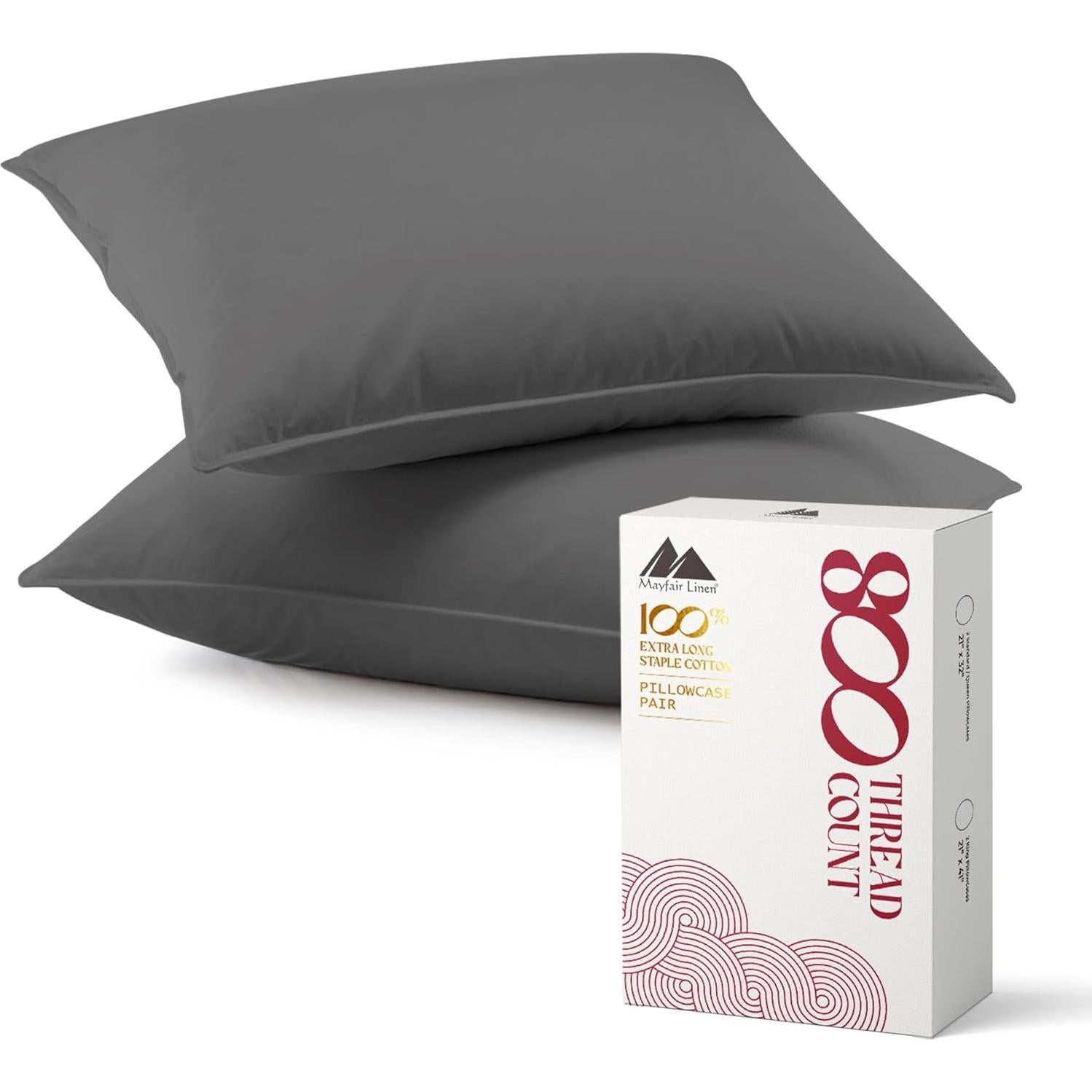 Juego de 2 Fundas de Almohada Mayfair Linen 100% Algodón Egipcio 800 Hilos Tamaño Queen - Gris Oscuro