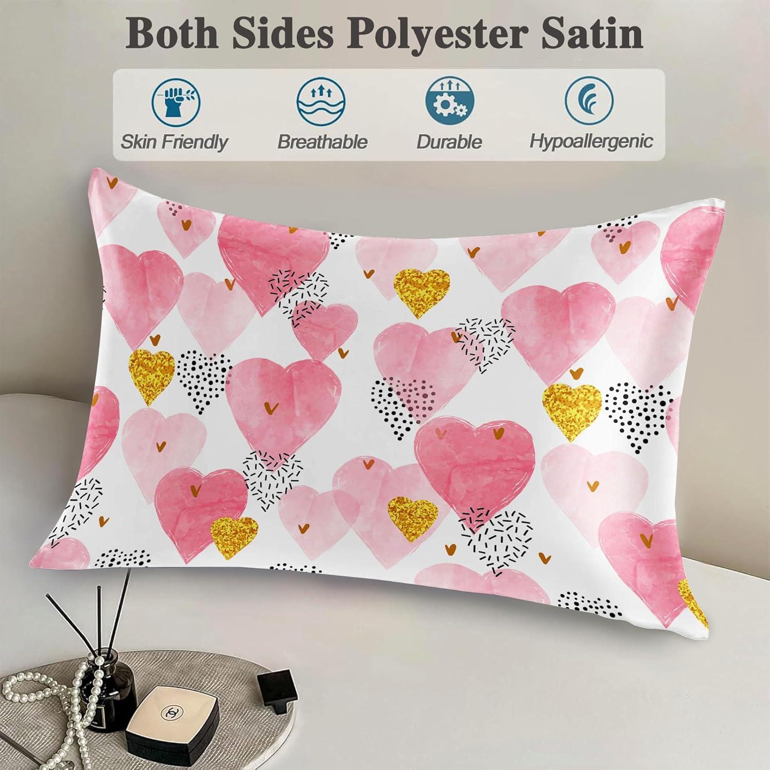 Funda de Almohada King JKJNLHJE Imitación Seda Corazones Rosados