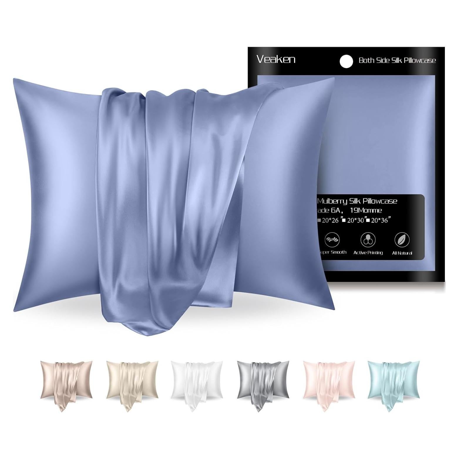 Funda de Almohada de Seda Veaken King Azul Ceniza 100% Morera