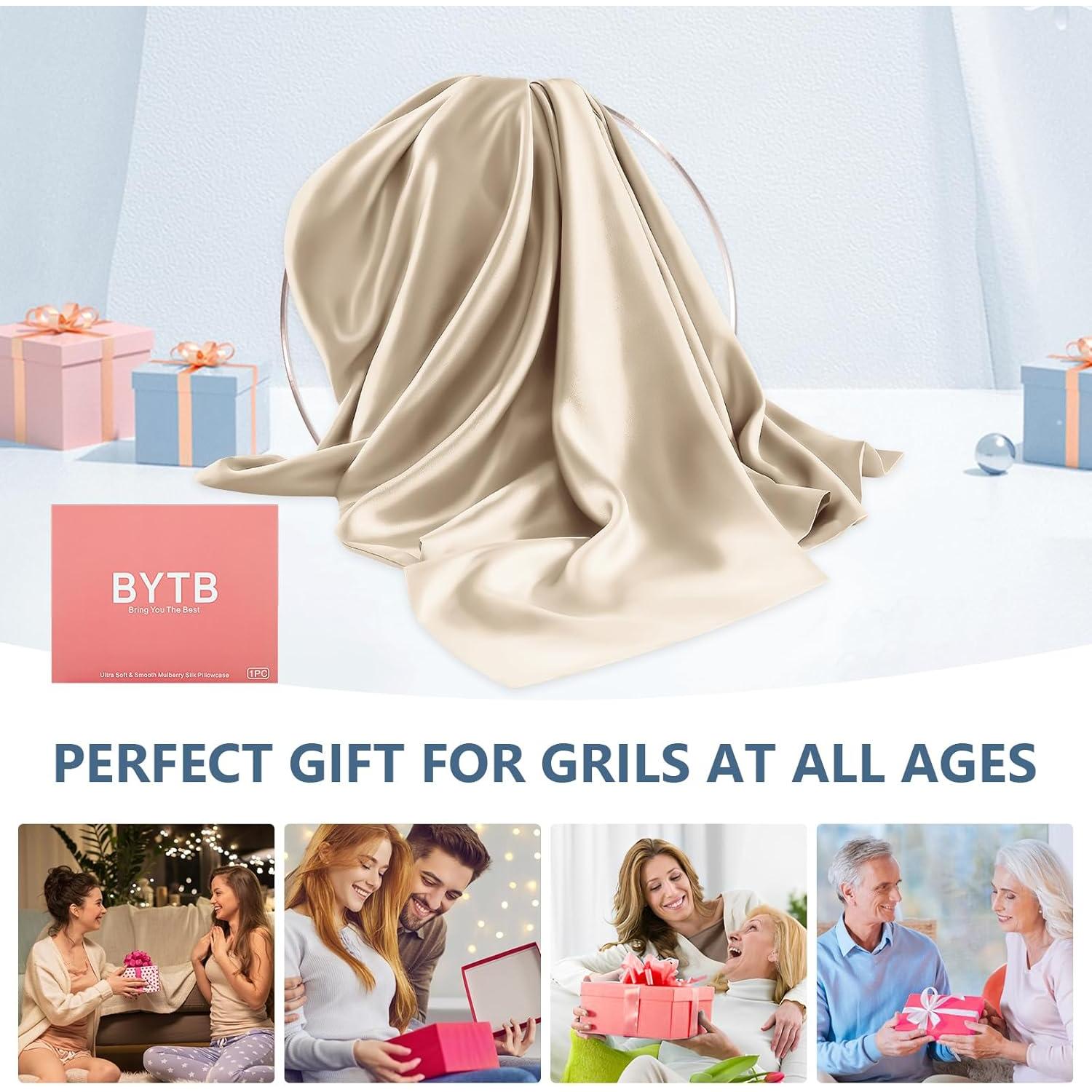 Funda de Almohada de Seda Queen BYTB 100% Morera 22 Momme Beige