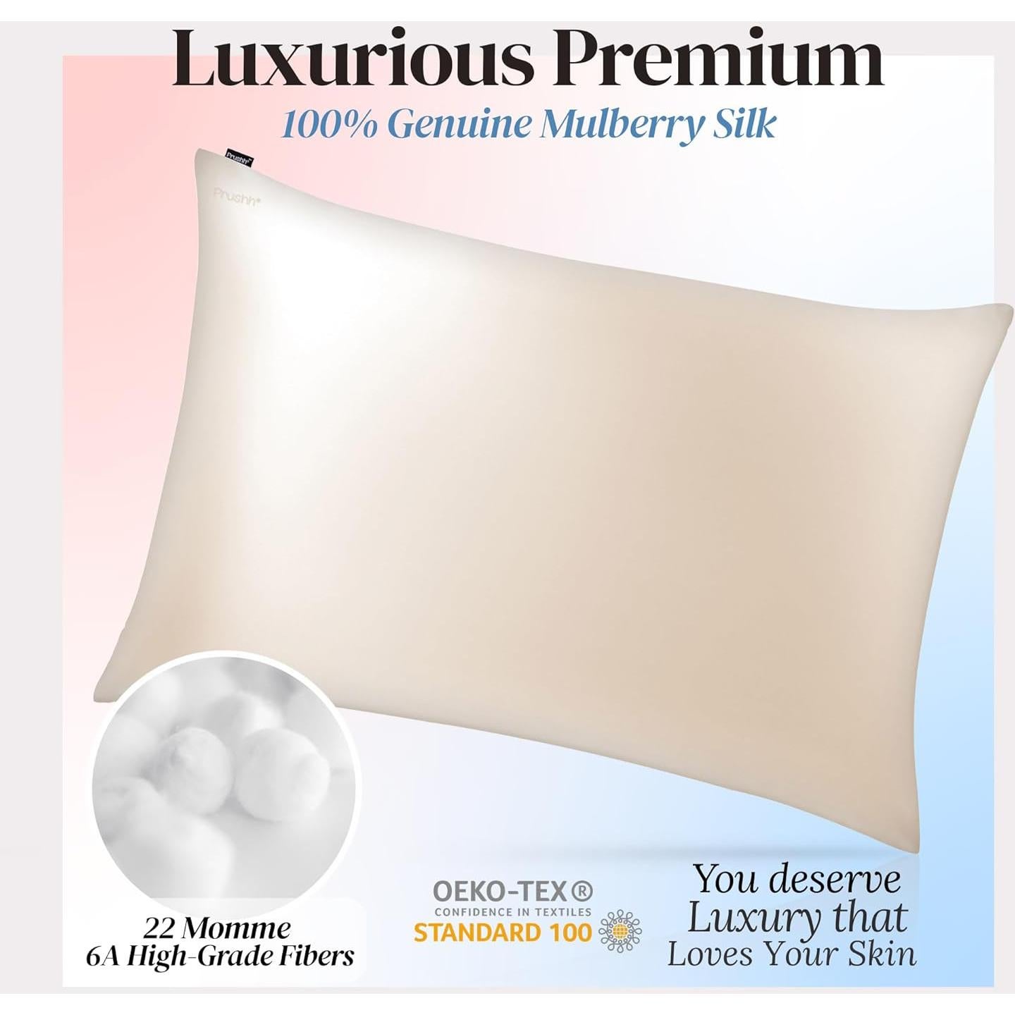 Funda de Almohada de Seda Prushh Queen 100% Morera Oro Champán
