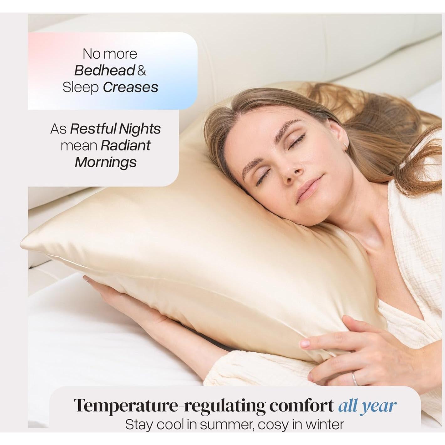 Funda de Almohada de Seda Prushh Queen 100% Morera Oro Champán