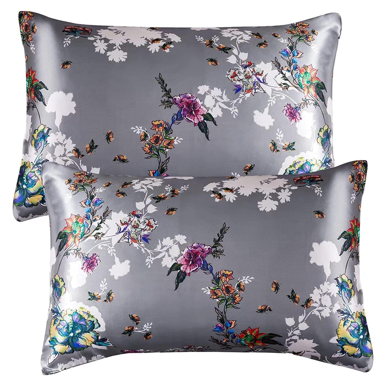 Funda de Almohada de Satén NASUMR Queen 2 Piezas Floral Gris