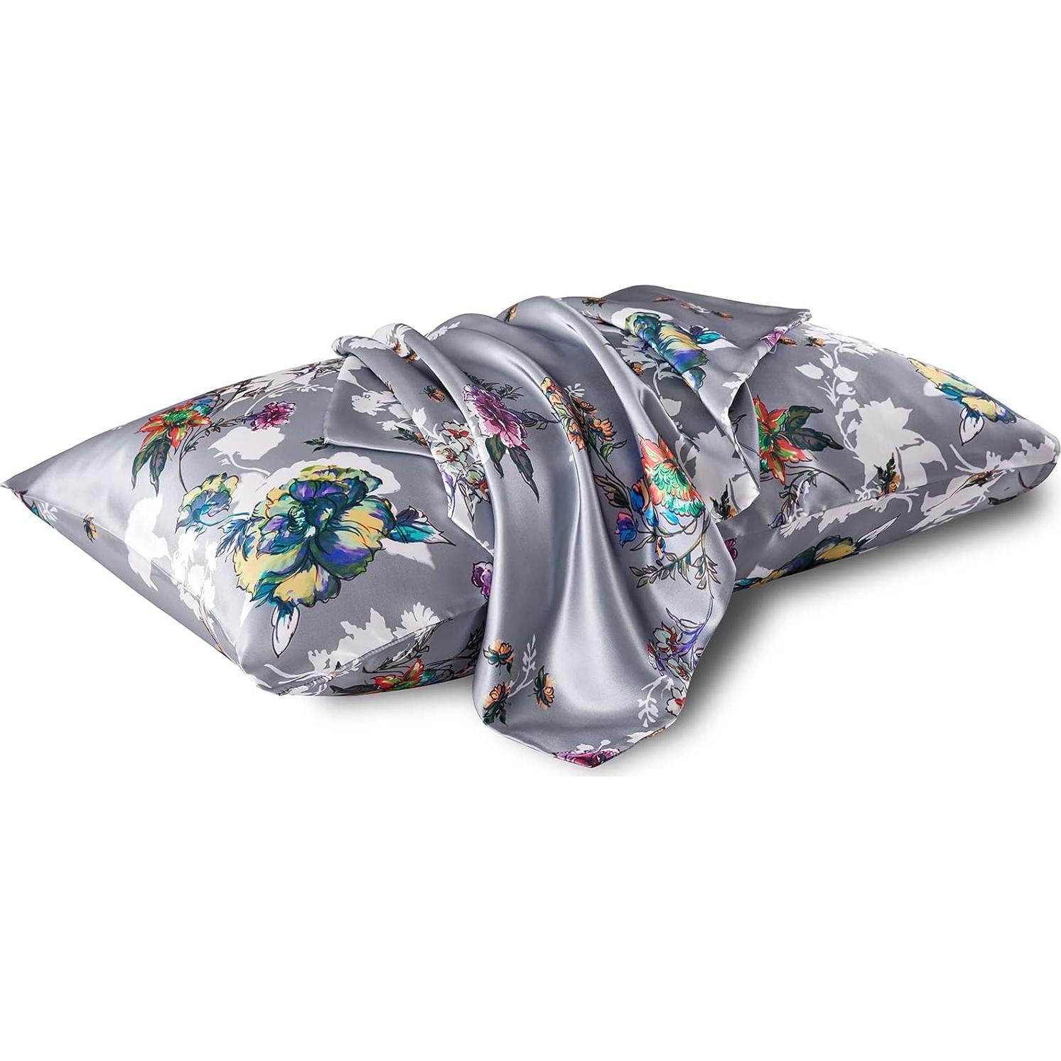 Funda de Almohada de Satén NASUMR Queen 2 Piezas Floral Gris