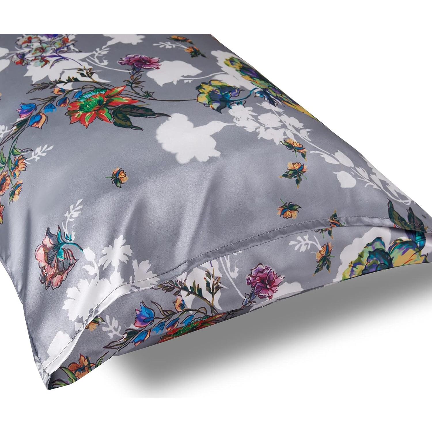 Funda de Almohada de Satén NASUMR Queen 2 Piezas Floral Gris
