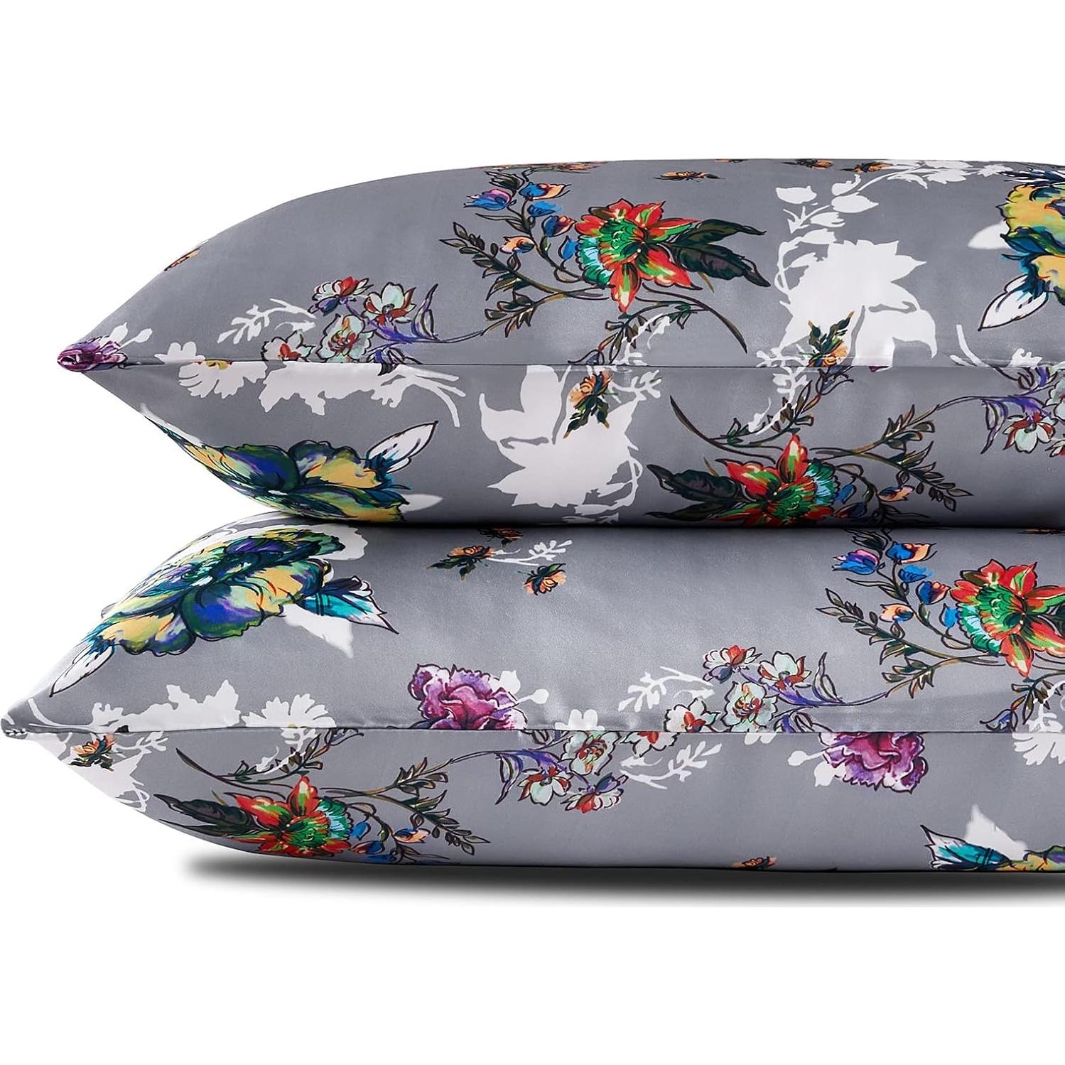 Funda de Almohada de Satén NASUMR Queen 2 Piezas Floral Gris