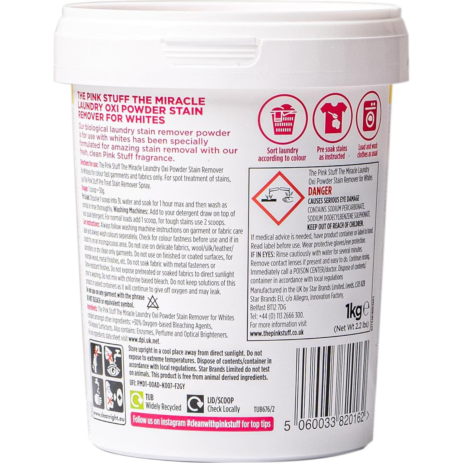 Polvo Oxi Quitamanchas The Pink Stuff 1 kg para Ropa Blancos