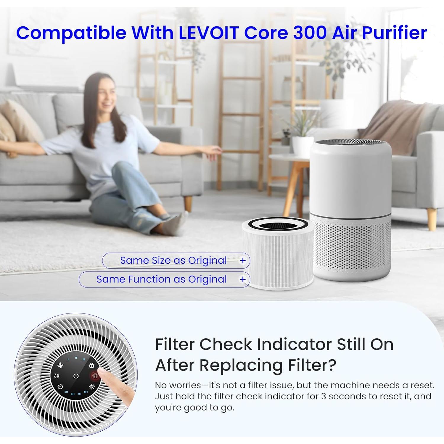 2-Pack Core 300 Replacement Filter Compatible with LEVOIT Core 300 and Core 300S Air Purifier, H13 True HEPA & Activated Carbon, Replace Core300-RF, White