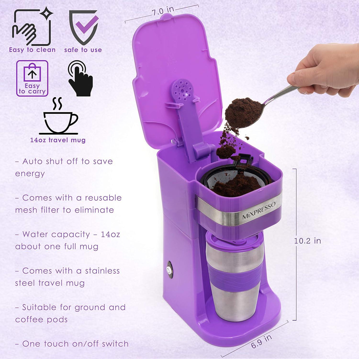 Cafetera Personal Mixpresso Morado 1 Taza 700W con Taza de Viaje