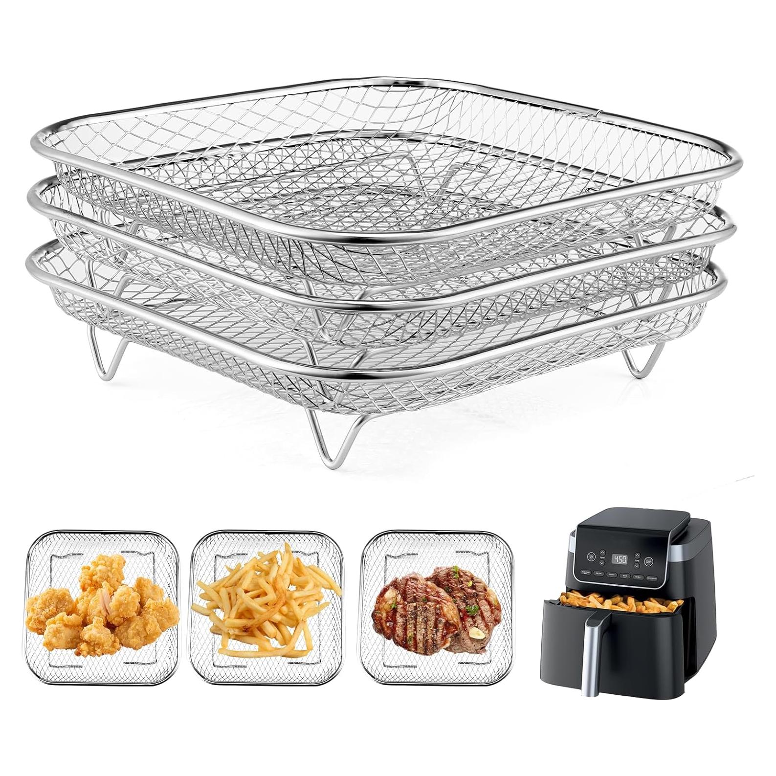 Rejilla Cuadrada Apilable de Acero Inoxidable 3pcs para Freidora de Aire 6-8 QT