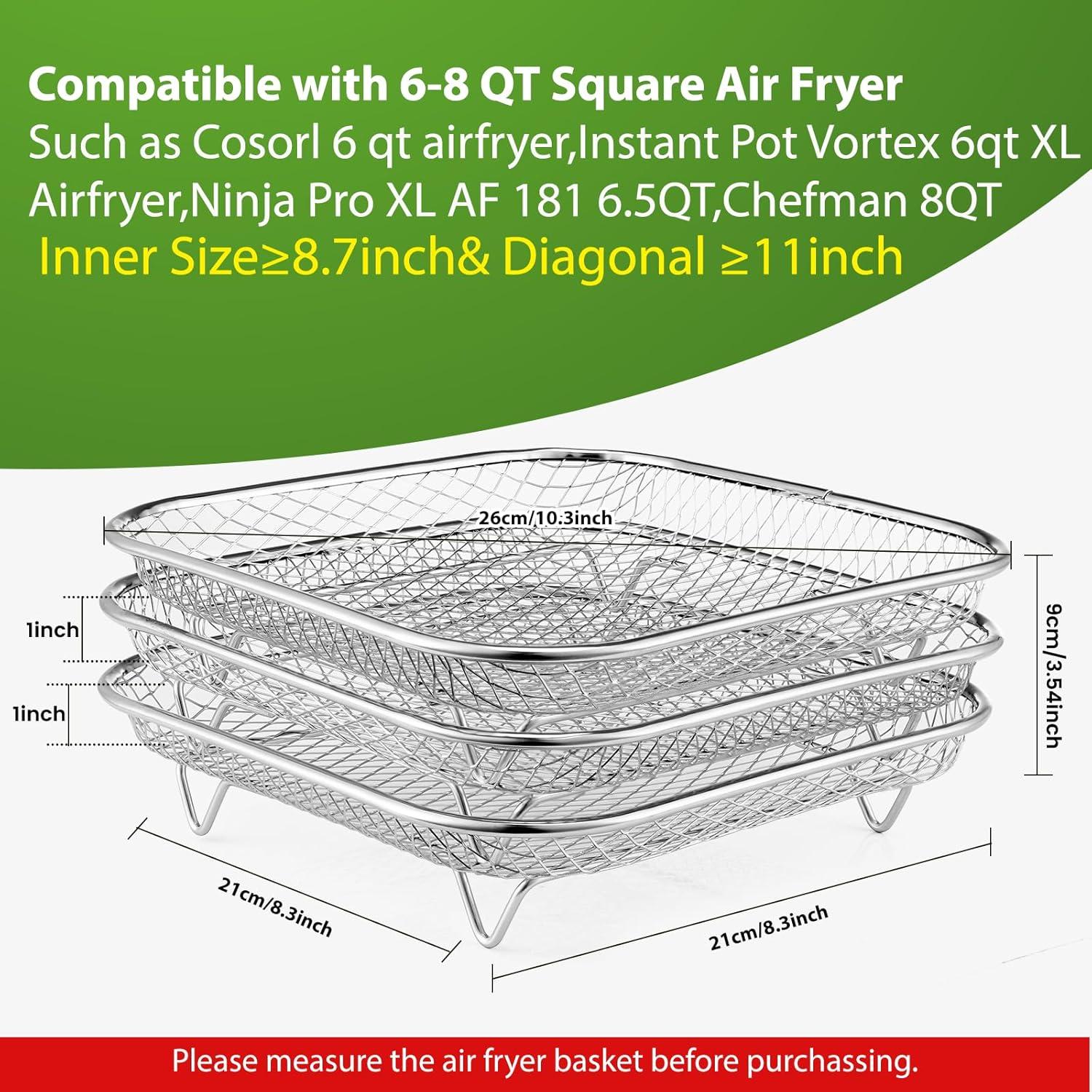 Rejilla Cuadrada Apilable de Acero Inoxidable 3pcs para Freidora de Aire 6-8 QT