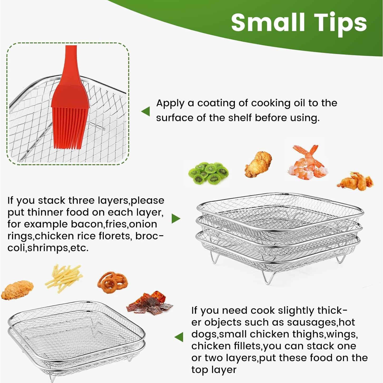 Rejilla Cuadrada Apilable de Acero Inoxidable 3pcs para Freidora de Aire 6-8 QT