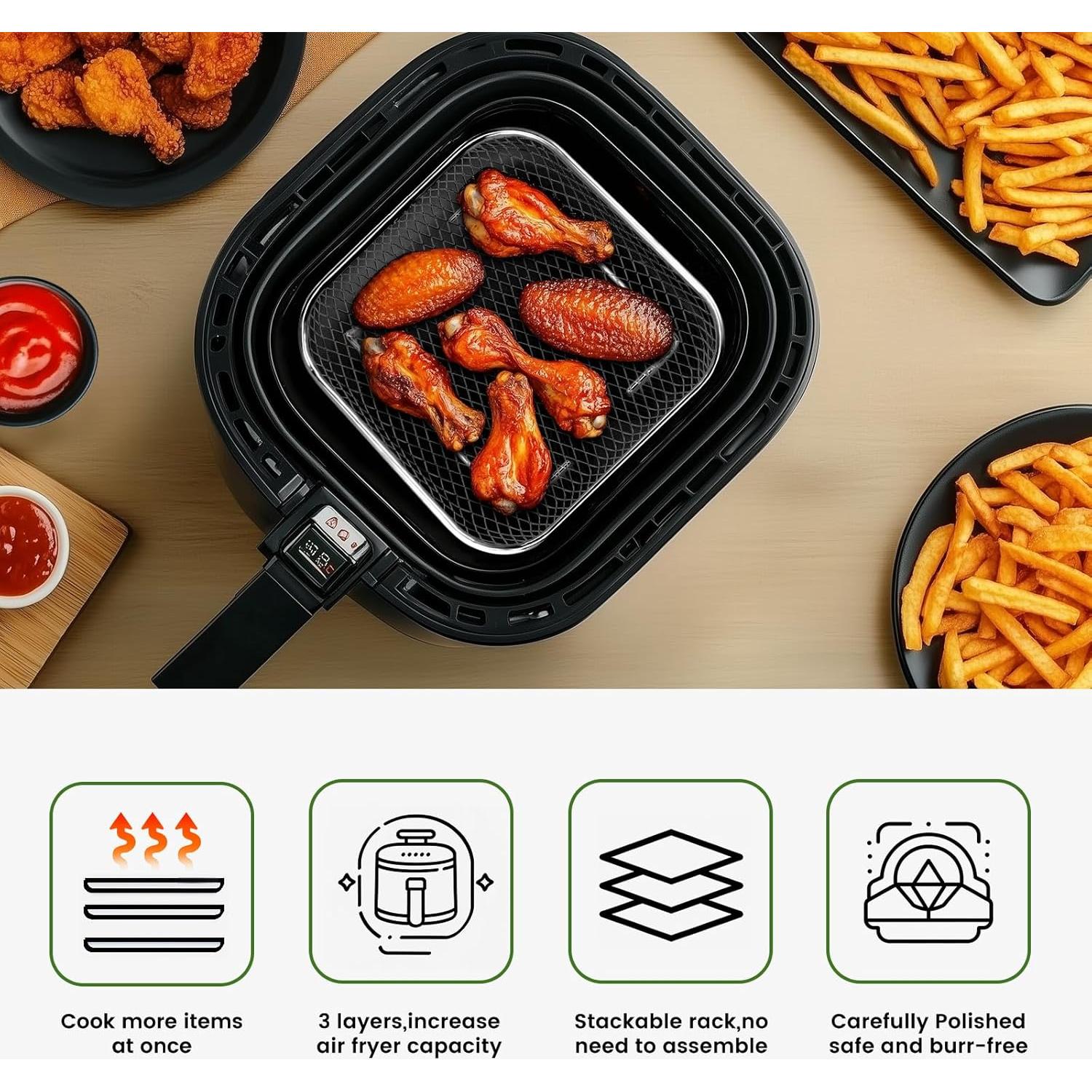 Rejilla Cuadrada Apilable de Acero Inoxidable 3pcs para Freidora de Aire 6-8 QT