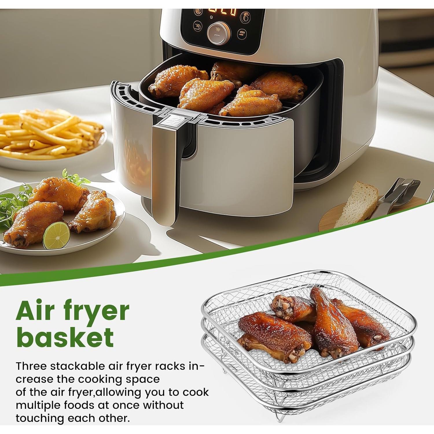 Rejilla Cuadrada Apilable de Acero Inoxidable 3pcs para Freidora de Aire 6-8 QT