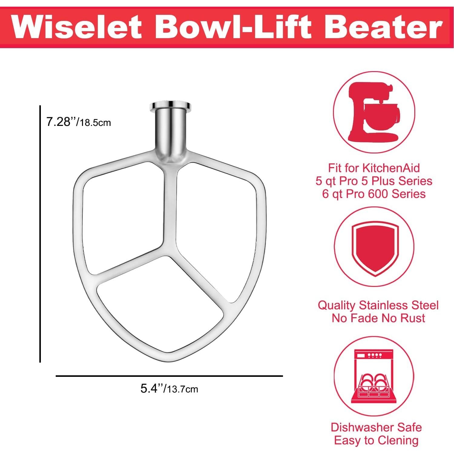Batidor Plano de Acero Inoxidable Wiselet para KitchenAid 5-6qt