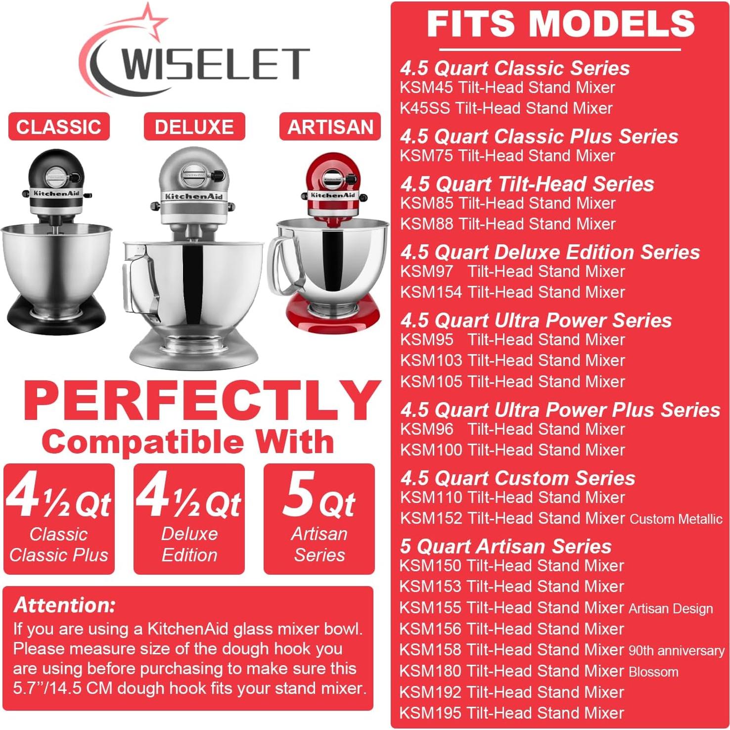 Gancho de masa de acero inoxidable Wiselet para KitchenAid 4.5-5L