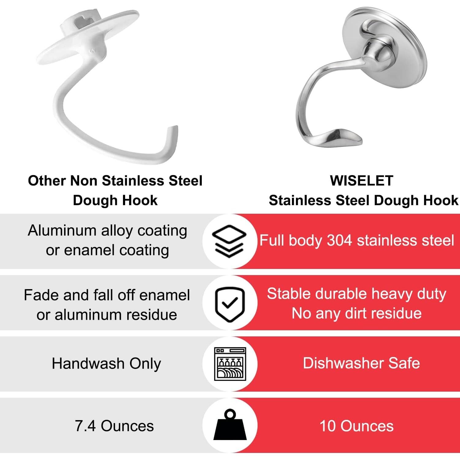 Gancho de masa de acero inoxidable Wiselet para KitchenAid 4.5-5L