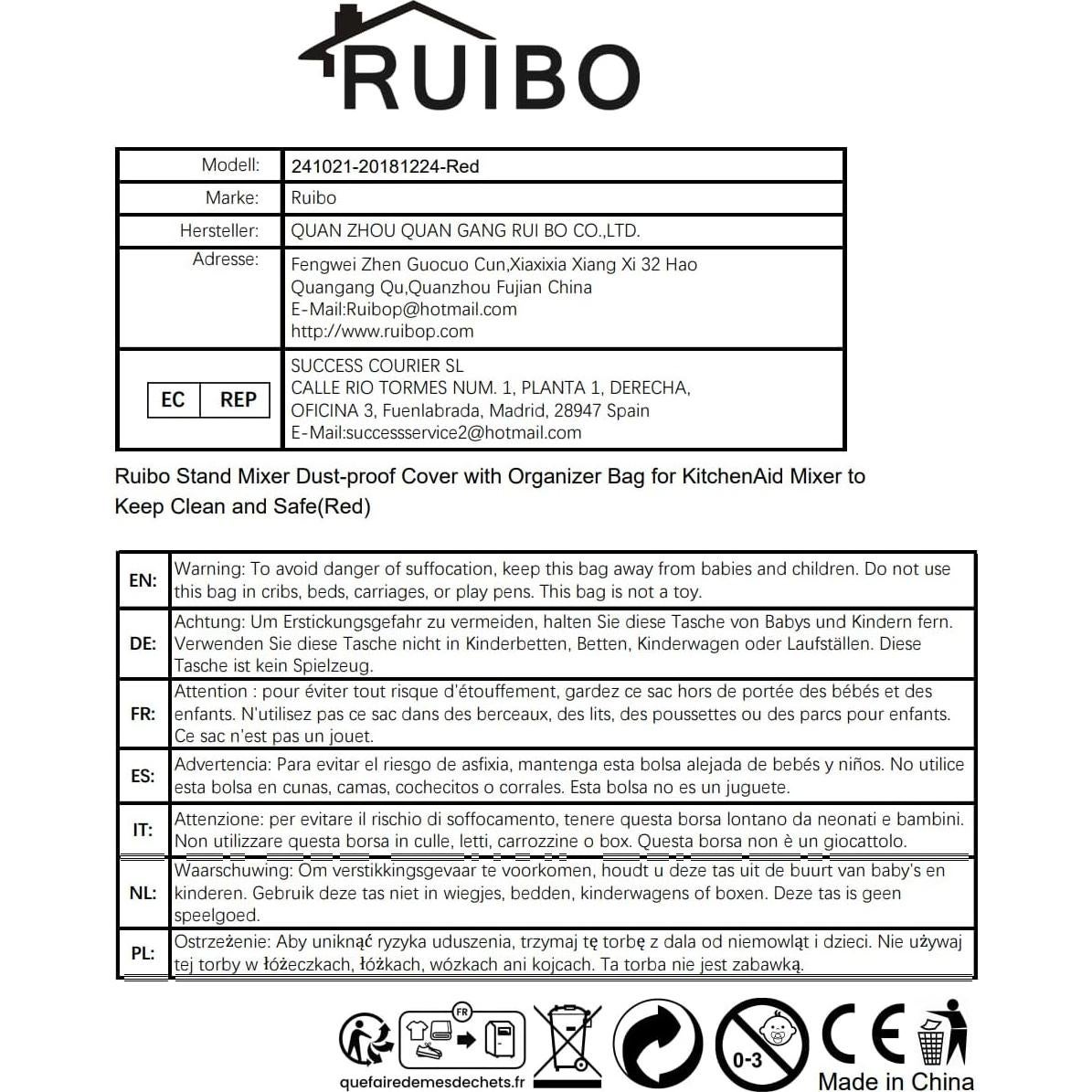 Cubierta a Prueba de Polvo Ruibo para Mezcladora KitchenAid 4.5-6L