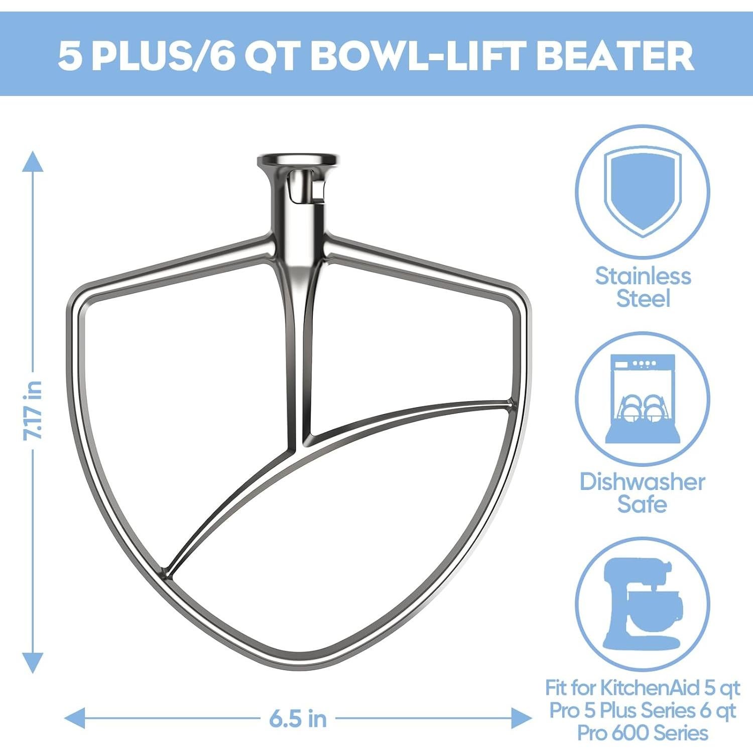 Batidor Plano de Acero Inoxidable HOZODO para KitchenAid 5-6 Qt