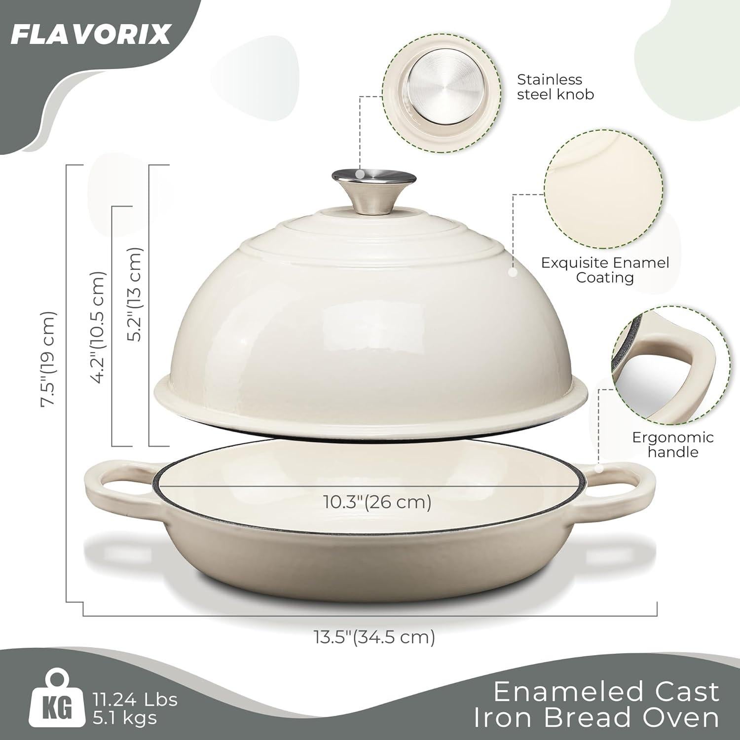 Horno Holandés FLAVORIX 6 Qt Hierro Fundido Enameled Blanco