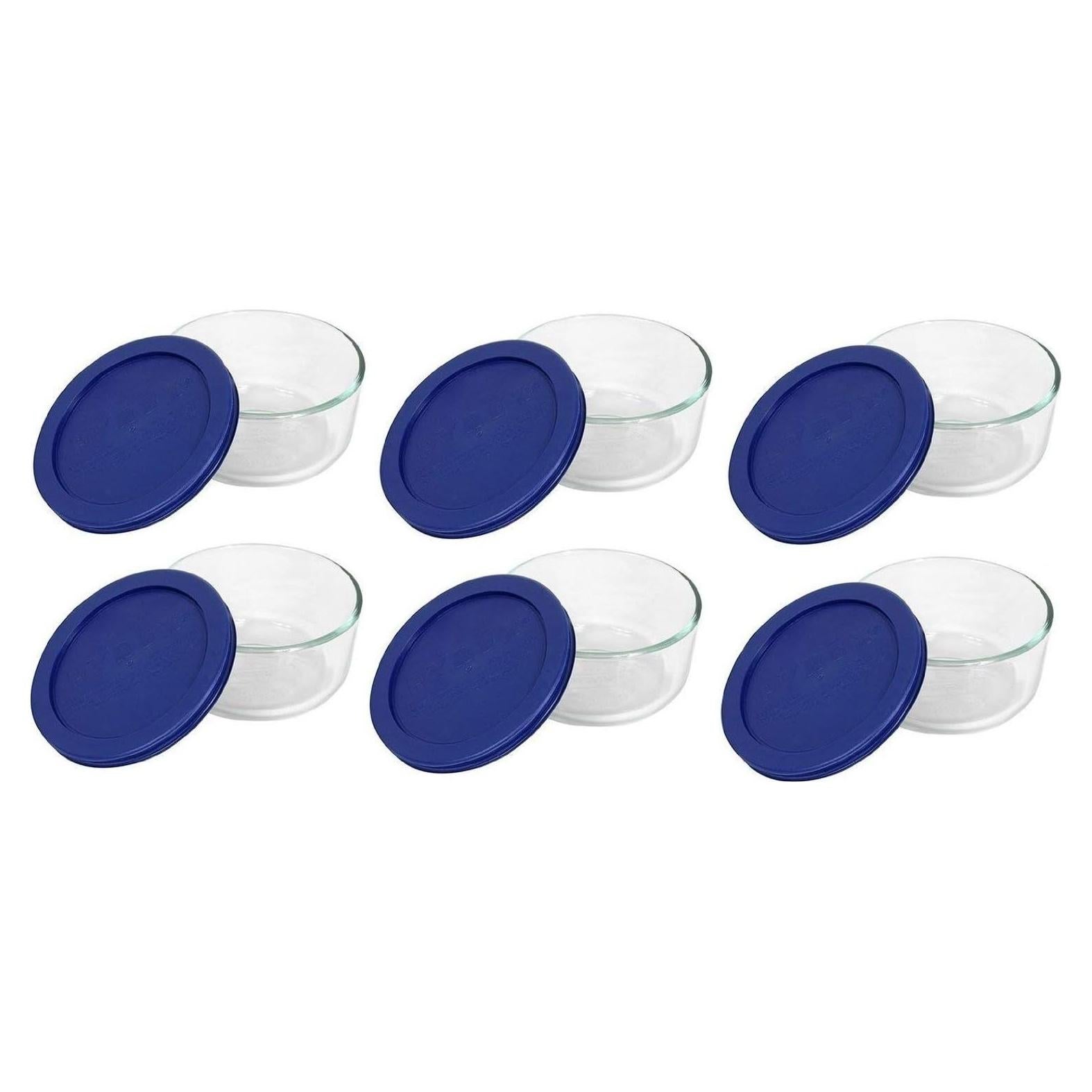 Juego de 6 Tazones de Vidrio Pyrex 2 Tazas con Tapas Azules
