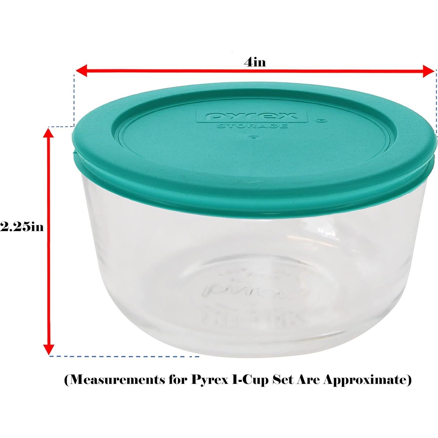 Pyrex 7202 Set de 4 Tazones de Vidrio 1 Taza con Tapas Turquesa