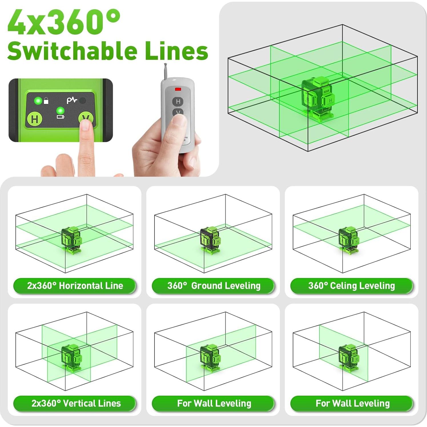 Nivel Láser Huepar 4D Verde 360 con Control Remoto 904DG