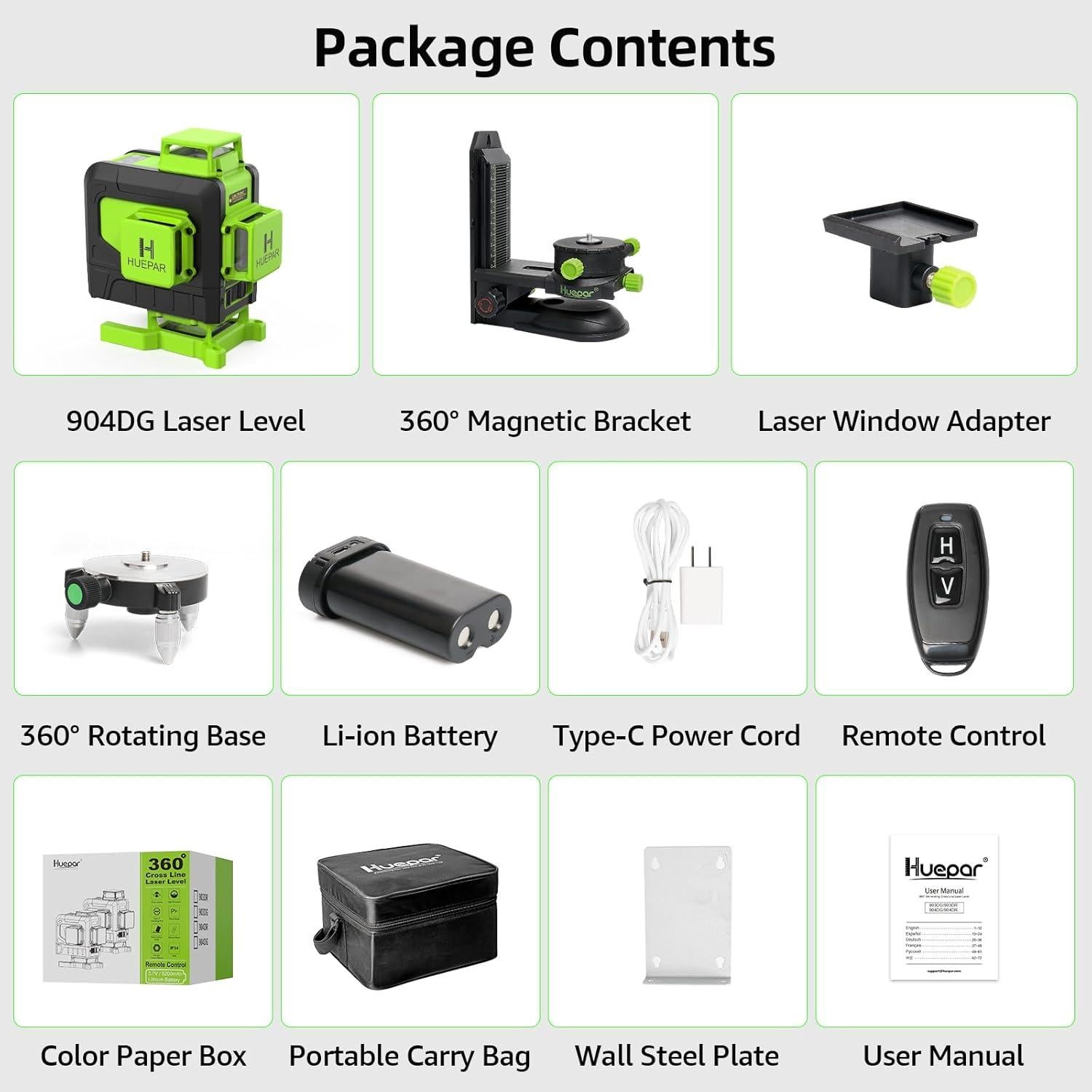 Nivel Láser Huepar 4D Verde 360 con Control Remoto 904DG