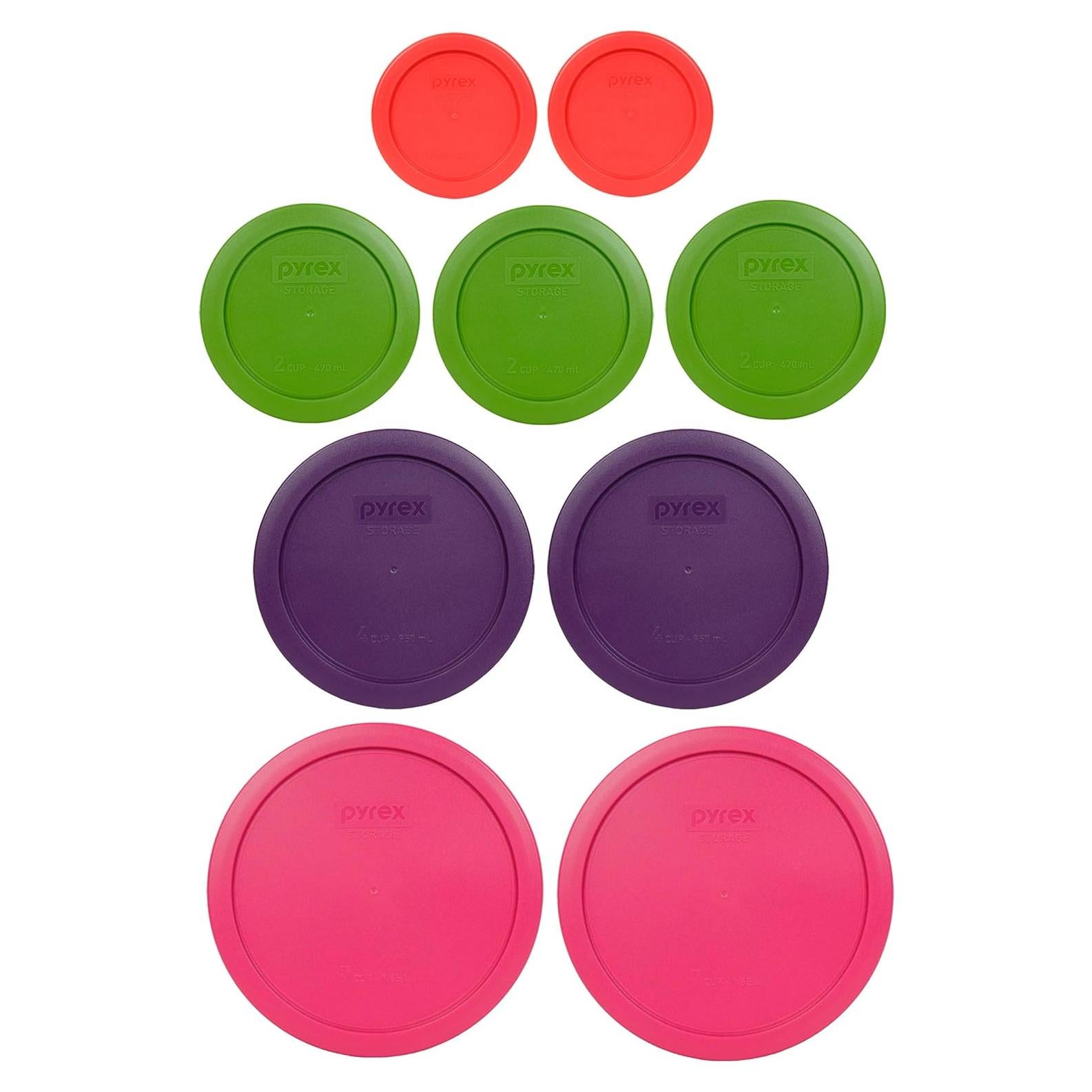 Juego de 9 Tapas de Plástico Pyrex BPA-Free - Fucsia, Morado, Verde, Rojo