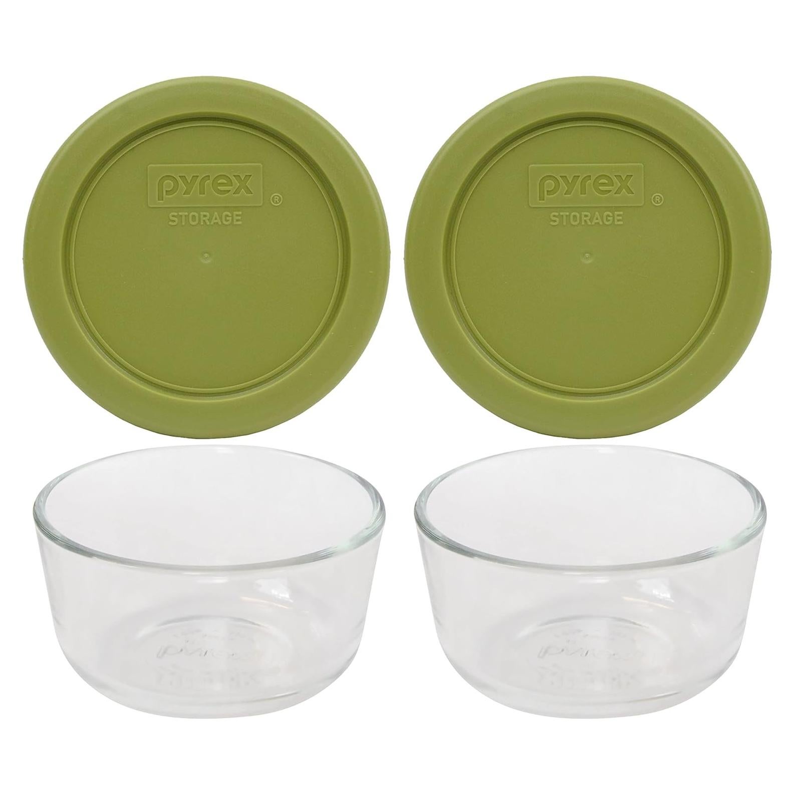 Juego de 2 Tazones de Vidrio Pyrex 1 Taza con Tapas Verde Oliva