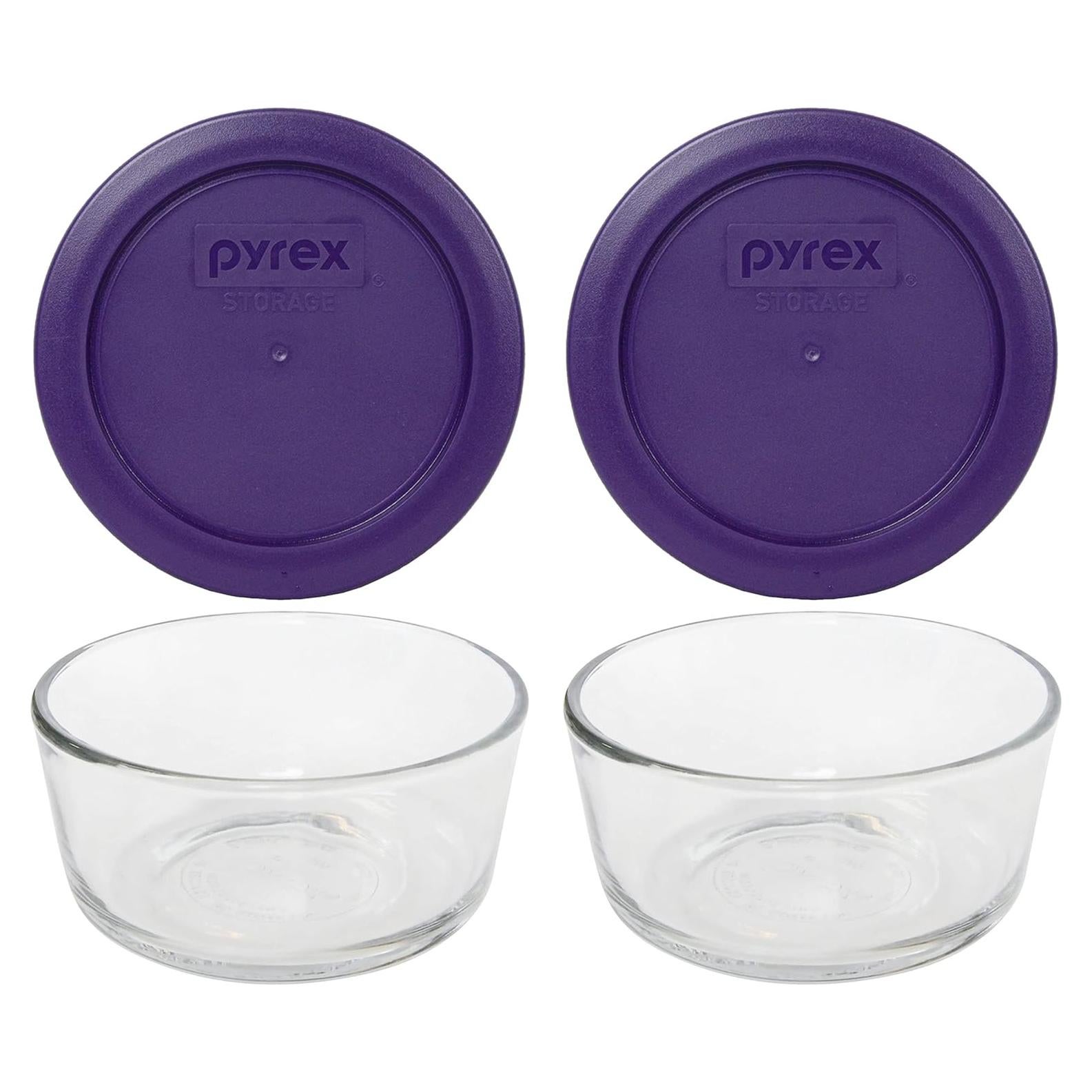 Juego de Tazones de Vidrio Pyrex 7200 de 2 Tazas con Tapas Moradas