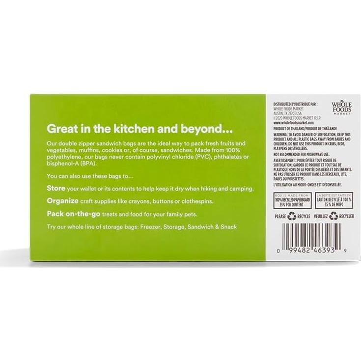 Bolsas de Almacenamiento Sándwich 365 Whole Foods, 100 Piezas