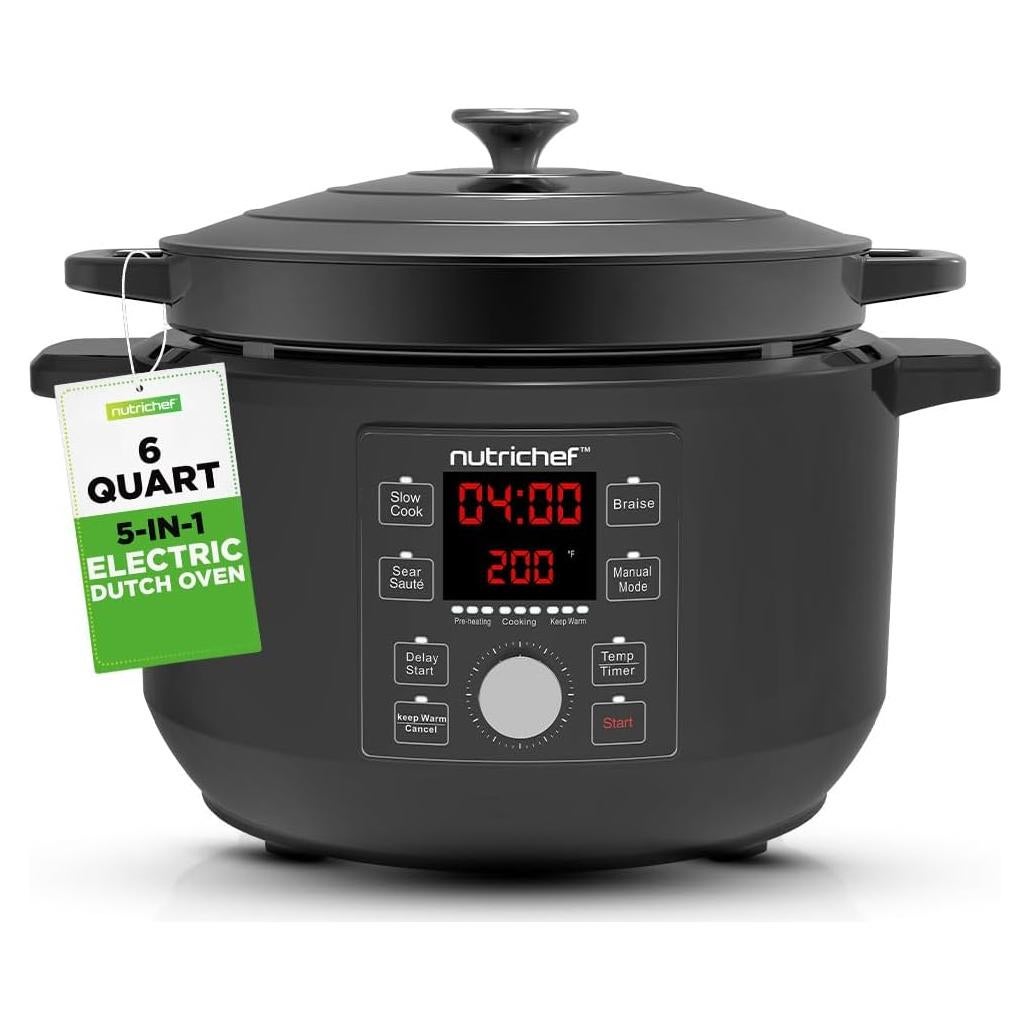 Horno Holandés Eléctrico NutriChef 6L 1500W con Tapa Inoxidable