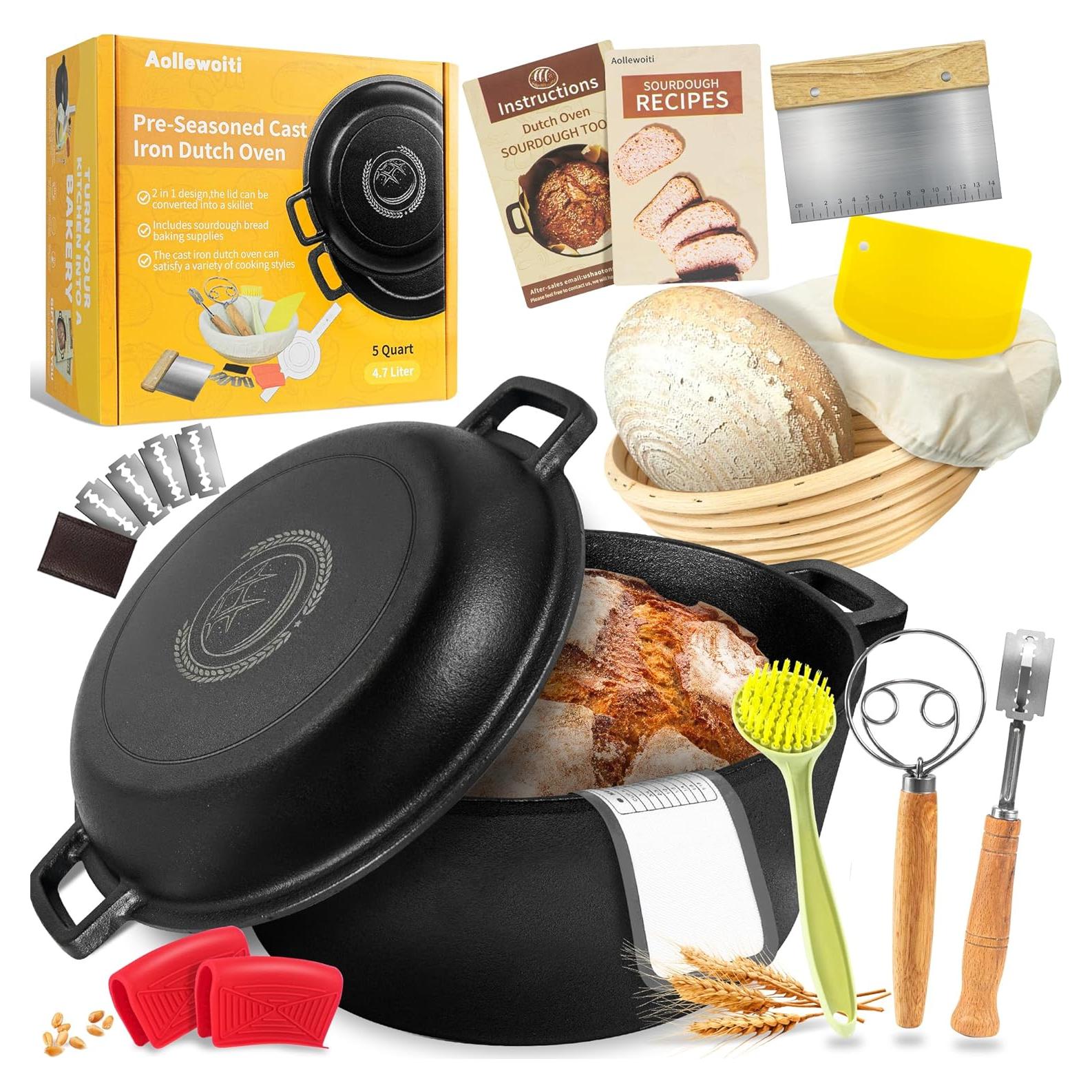 Olla de hierro fundido Aollewoiti 5 Qt con tapa y kit de pan