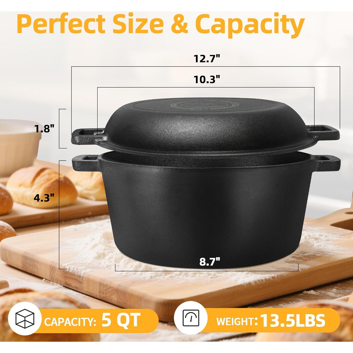 Olla de hierro fundido Aollewoiti 5 Qt con tapa y kit de pan