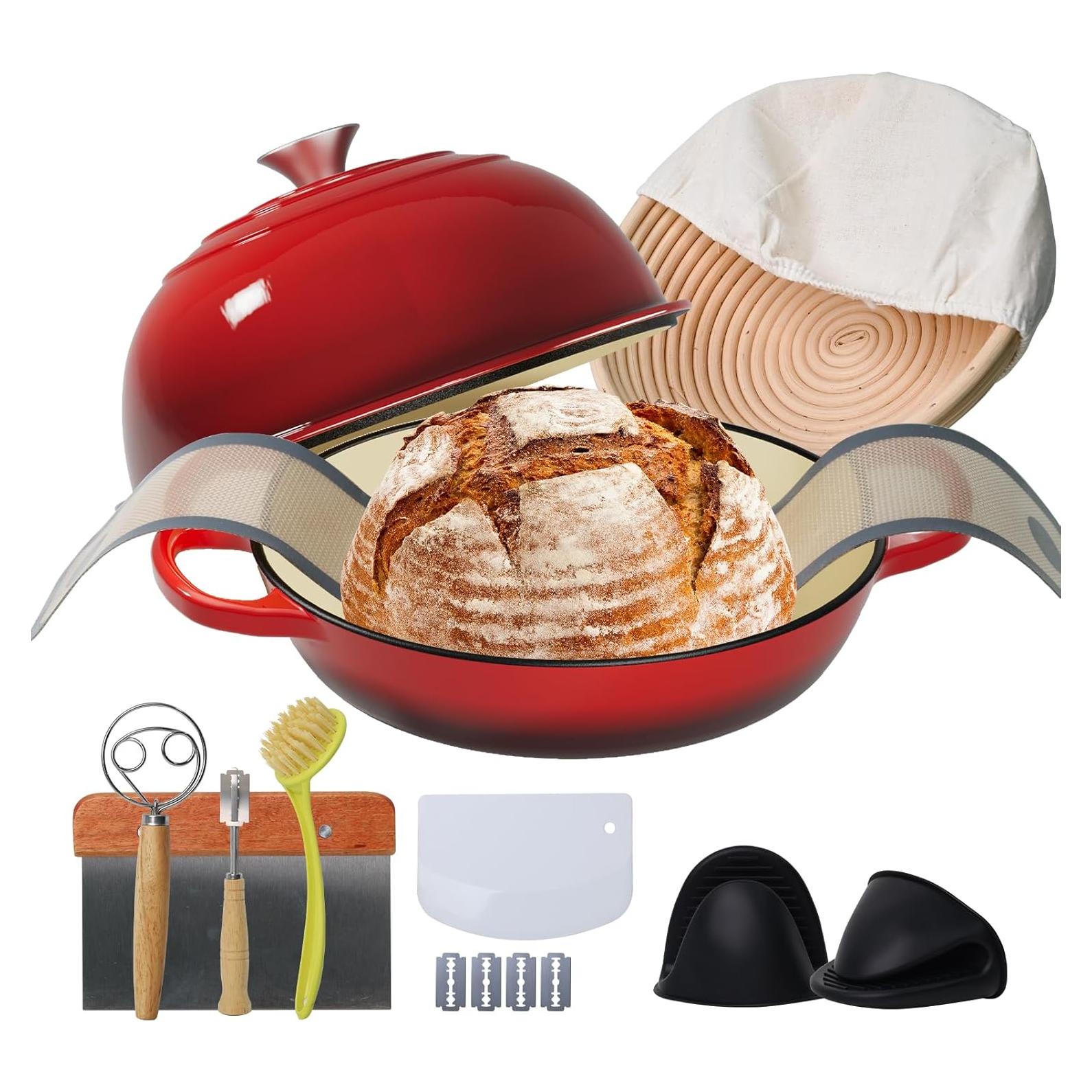 Horno de Pan de Hierro Fundido TMEDW 6QT Rojo con Accesorios