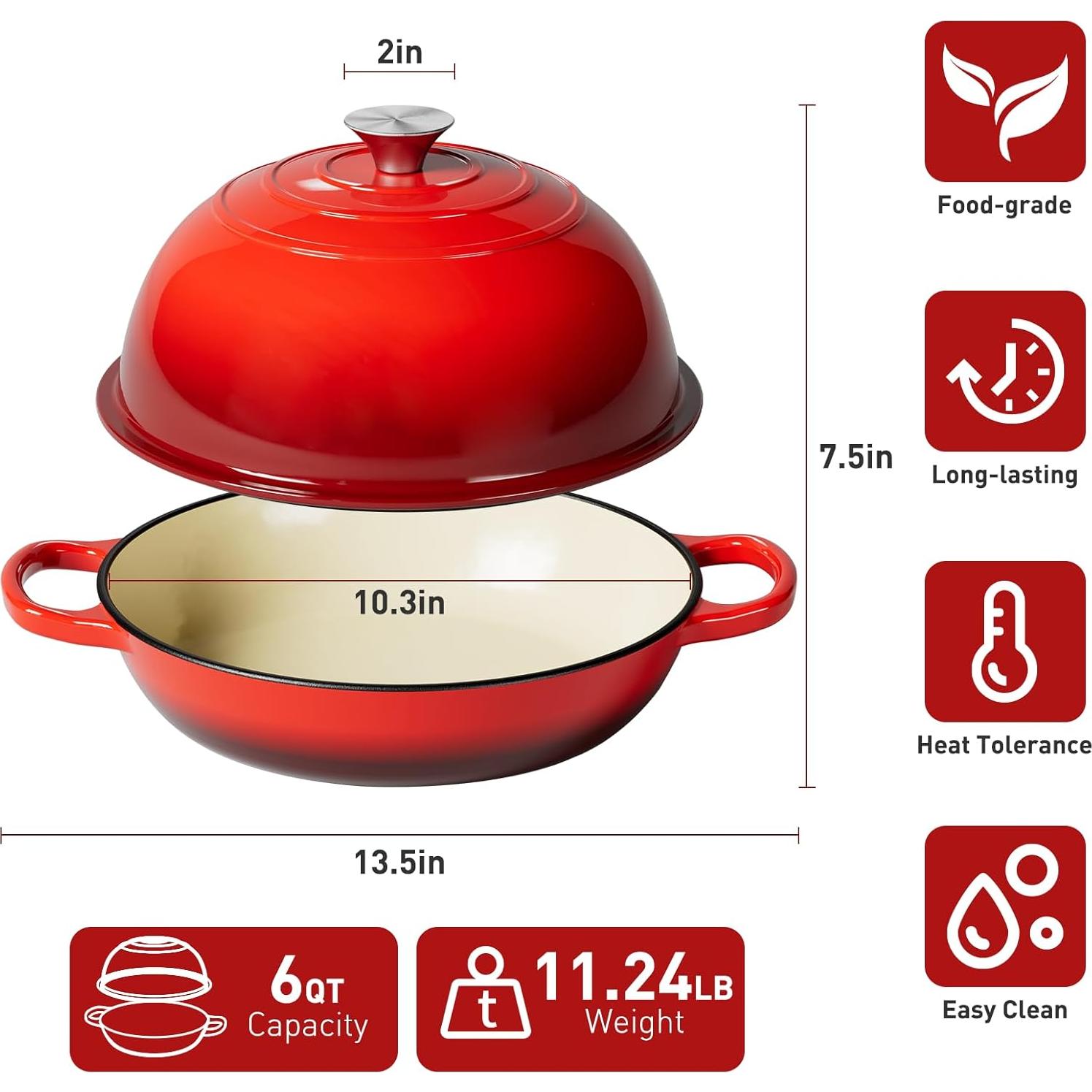 Horno de Pan de Hierro Fundido TMEDW 6QT Rojo con Accesorios