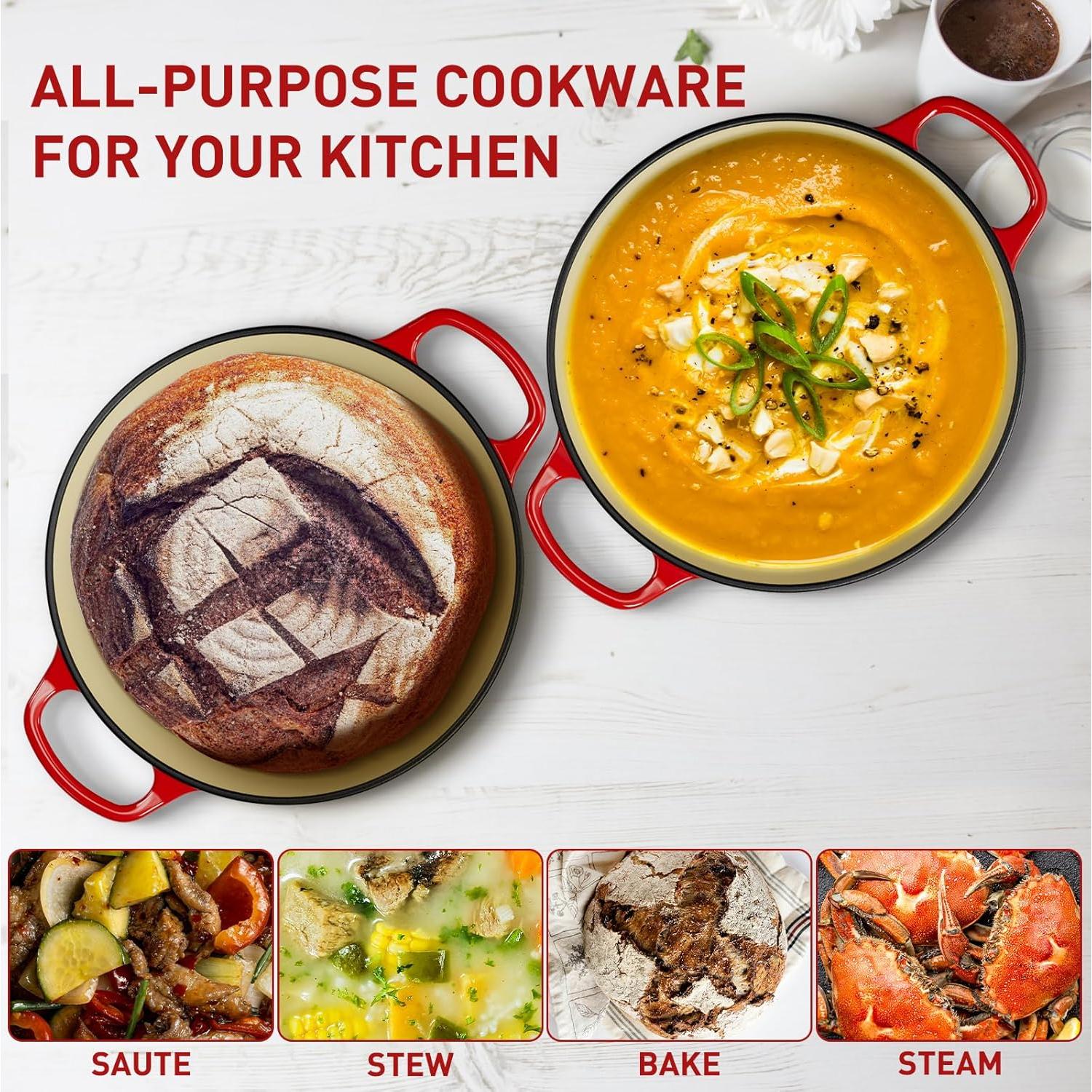 Horno de Pan de Hierro Fundido TMEDW 6QT Rojo con Accesorios