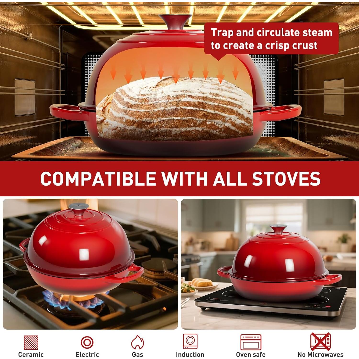 Horno de Pan de Hierro Fundido TMEDW 6QT Rojo con Accesorios