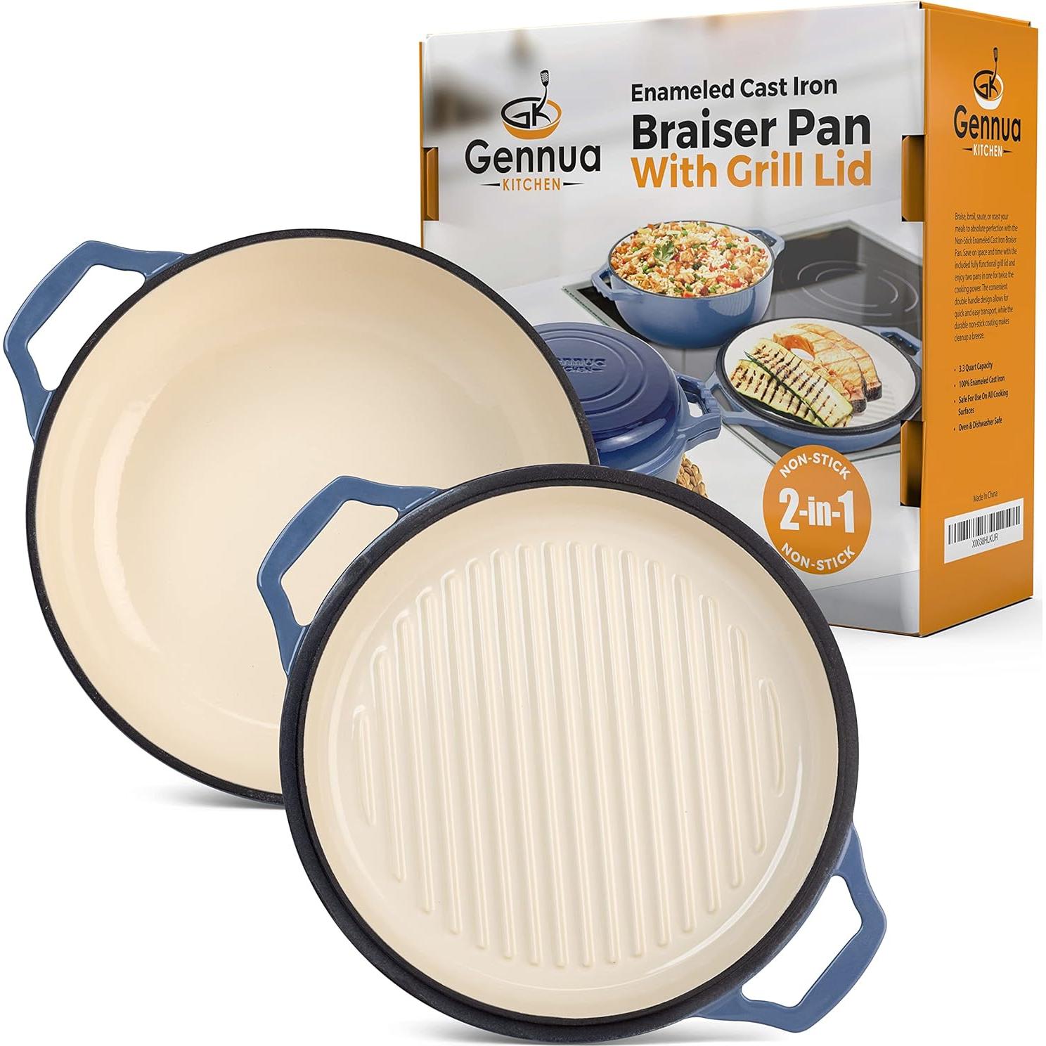 Sartén Braiser de Hierro Fundido Gennua Kitchen 3.12L Azul