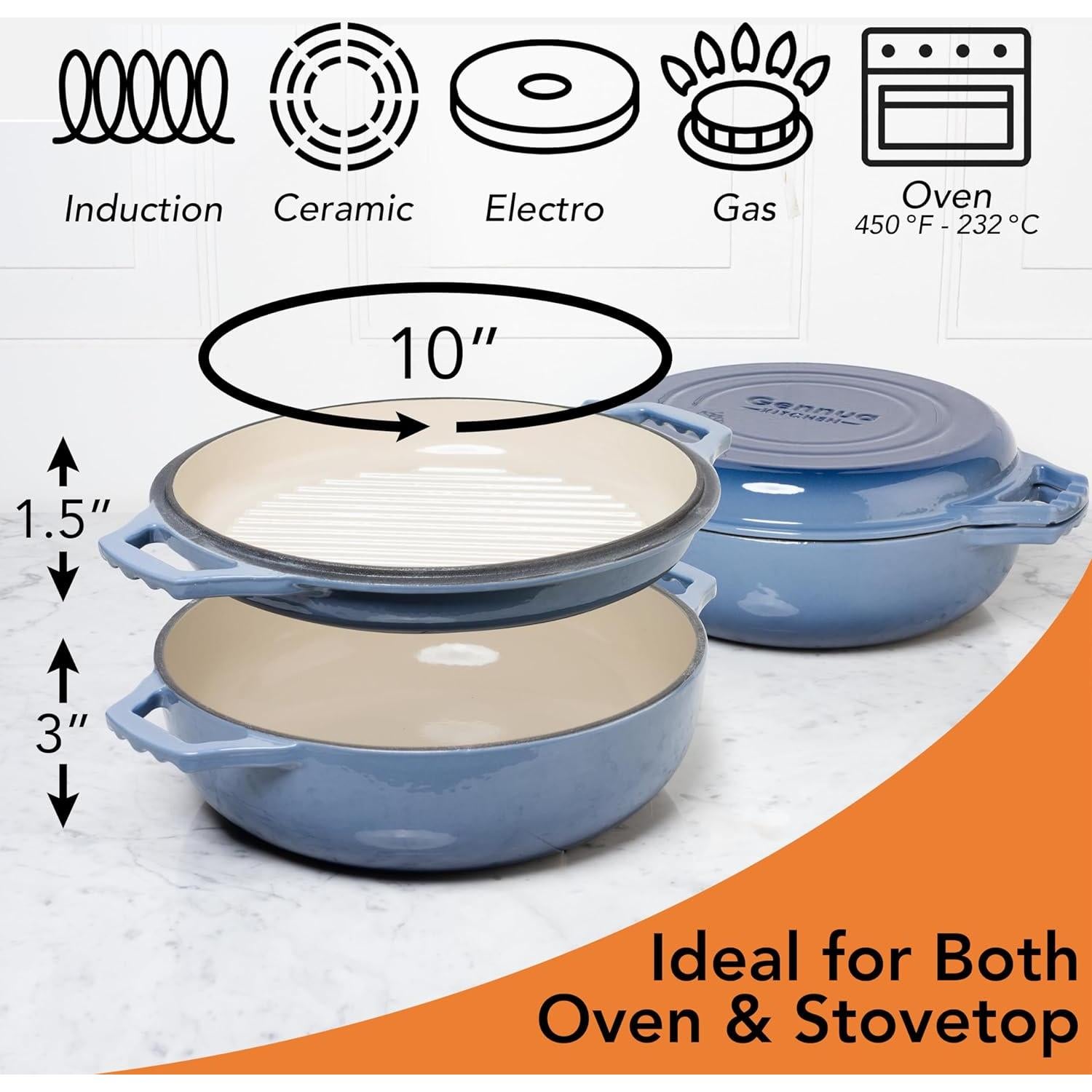 Sartén Braiser de Hierro Fundido Gennua Kitchen 3.12L Azul