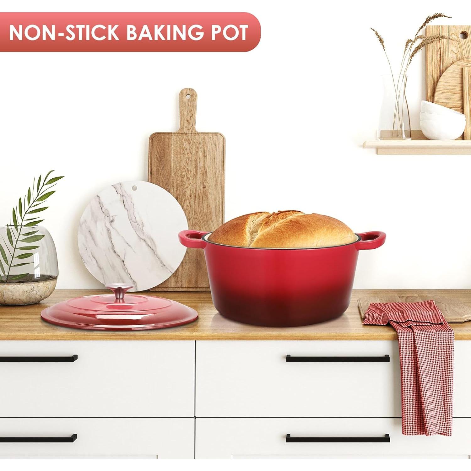 Olla de Hierro Fundido Enameled LIFERUN 6 Qt Roja Apta Horno