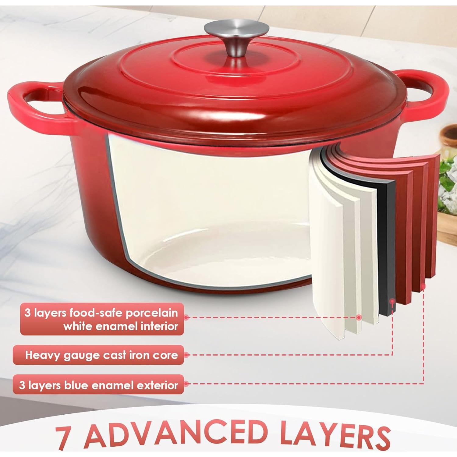 Olla de Hierro Fundido Enameled LIFERUN 6 Qt Roja Apta Horno