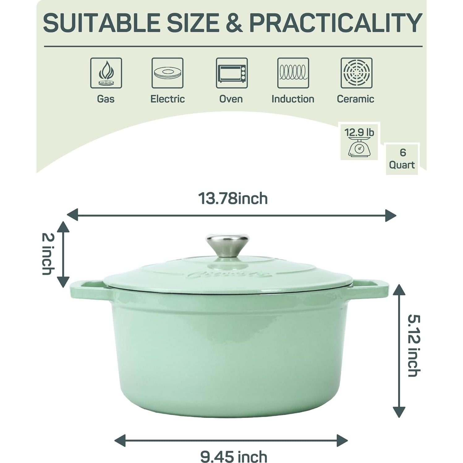 Olla de hierro fundido Ciwete 6 QT esmaltada verde menta