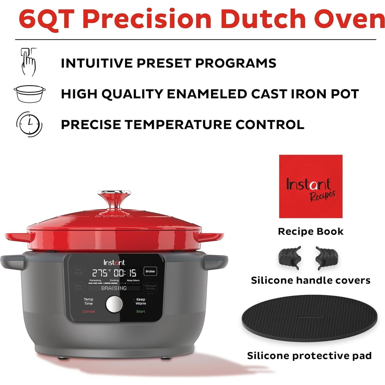 Olla Holandesa Eléctrica Instant Pot 6L 1500W Hierro Fundido Rojo