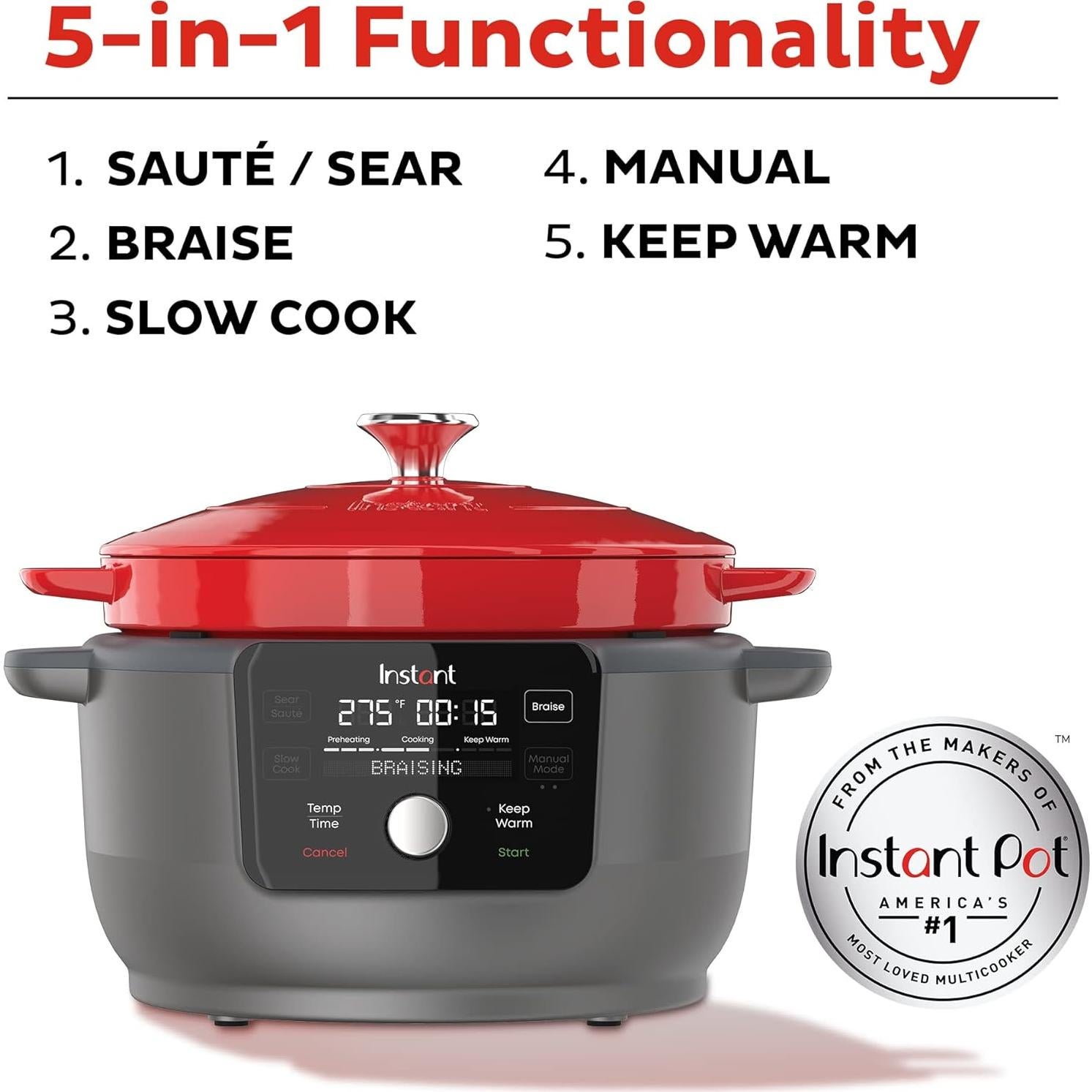 Olla Holandesa Eléctrica Instant Pot 6L 1500W Hierro Fundido Rojo