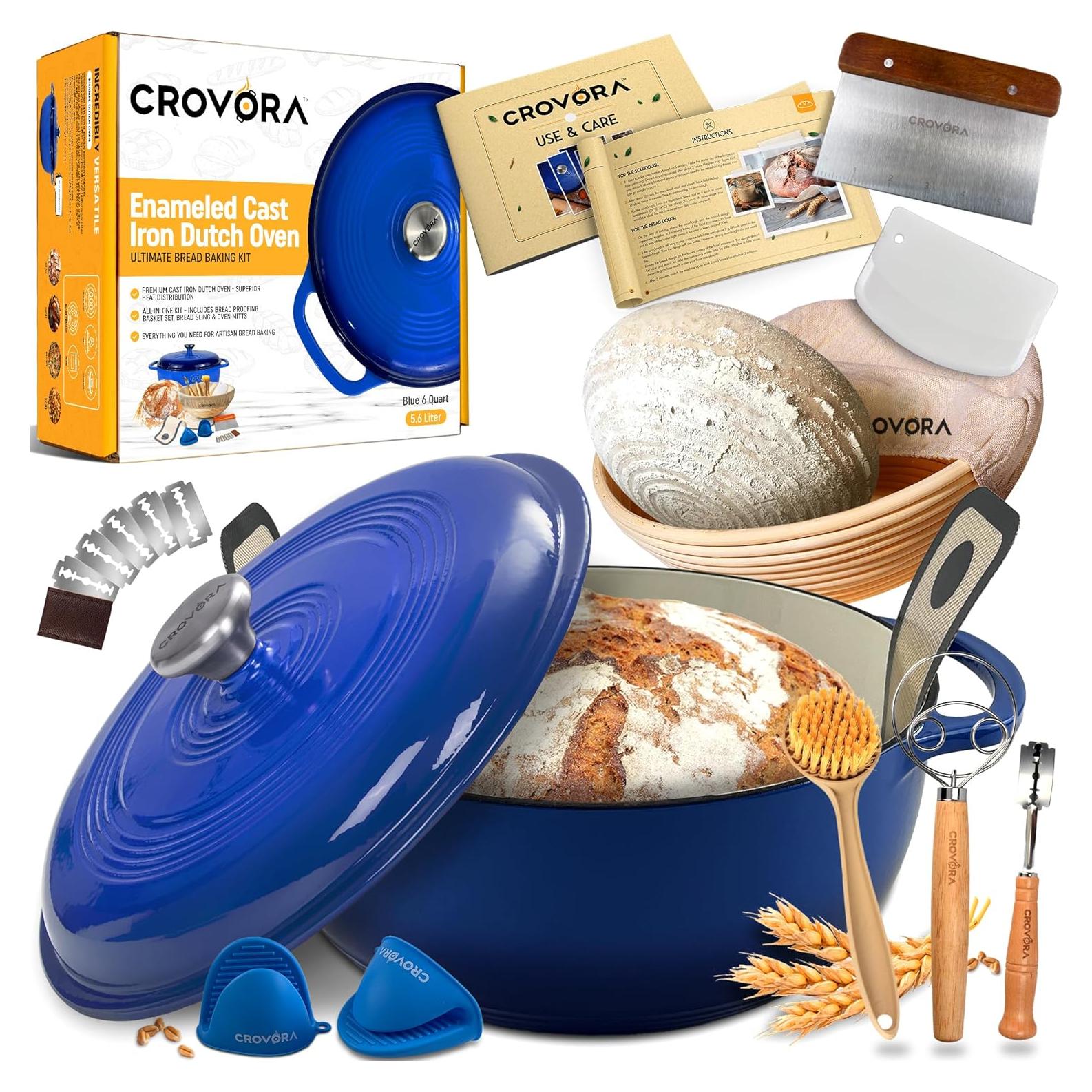 Olla de hierro fundido esmaltada Crovora 6 QT azul con tapa